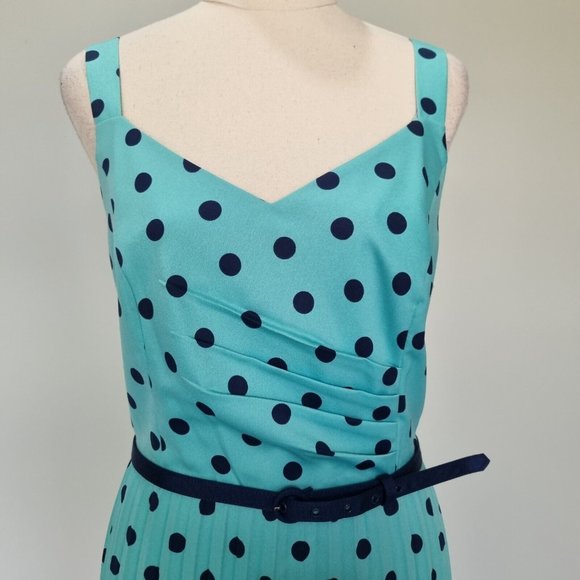 Review Deepwater Blue Pleated Polka Dot Midi Dress with Belt Size 16 - Picture 6 of 9